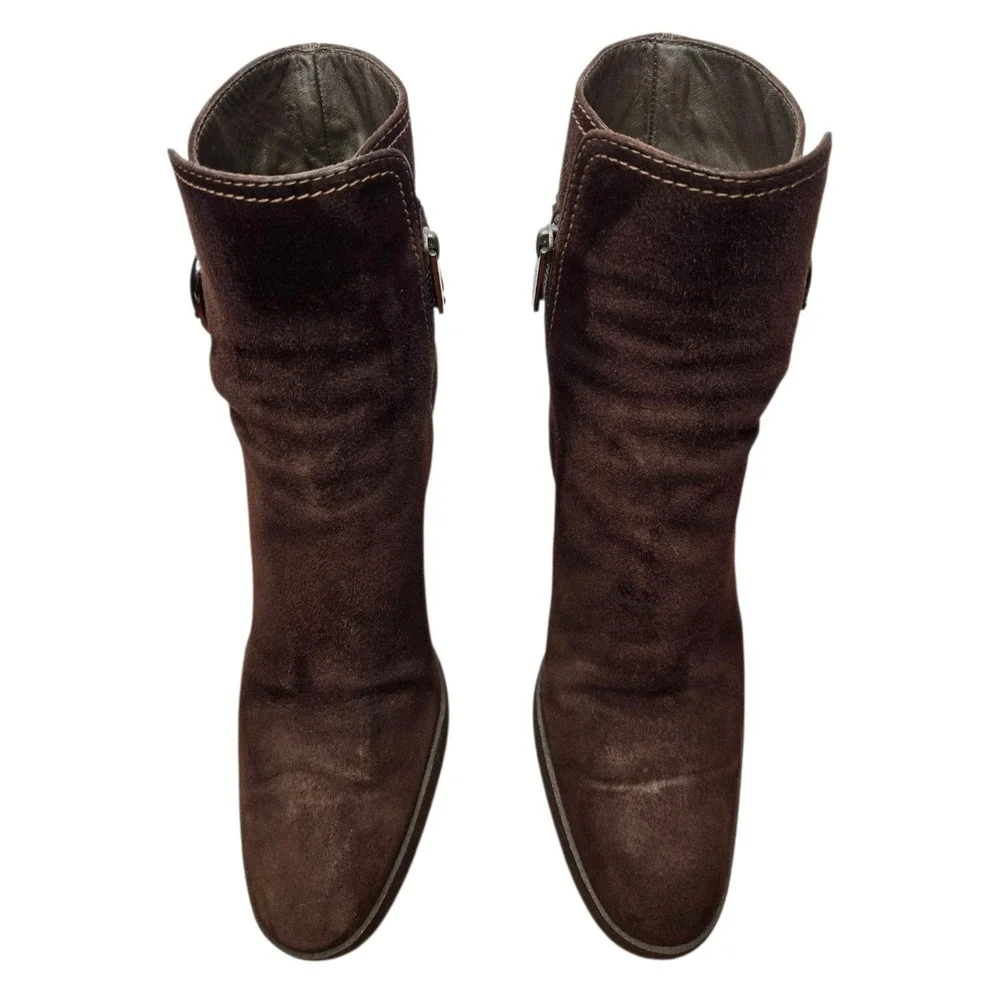 Tod's Brown Suede Buckle Detail Ankle Boots 38 Block Heel Platform Luxe Italy